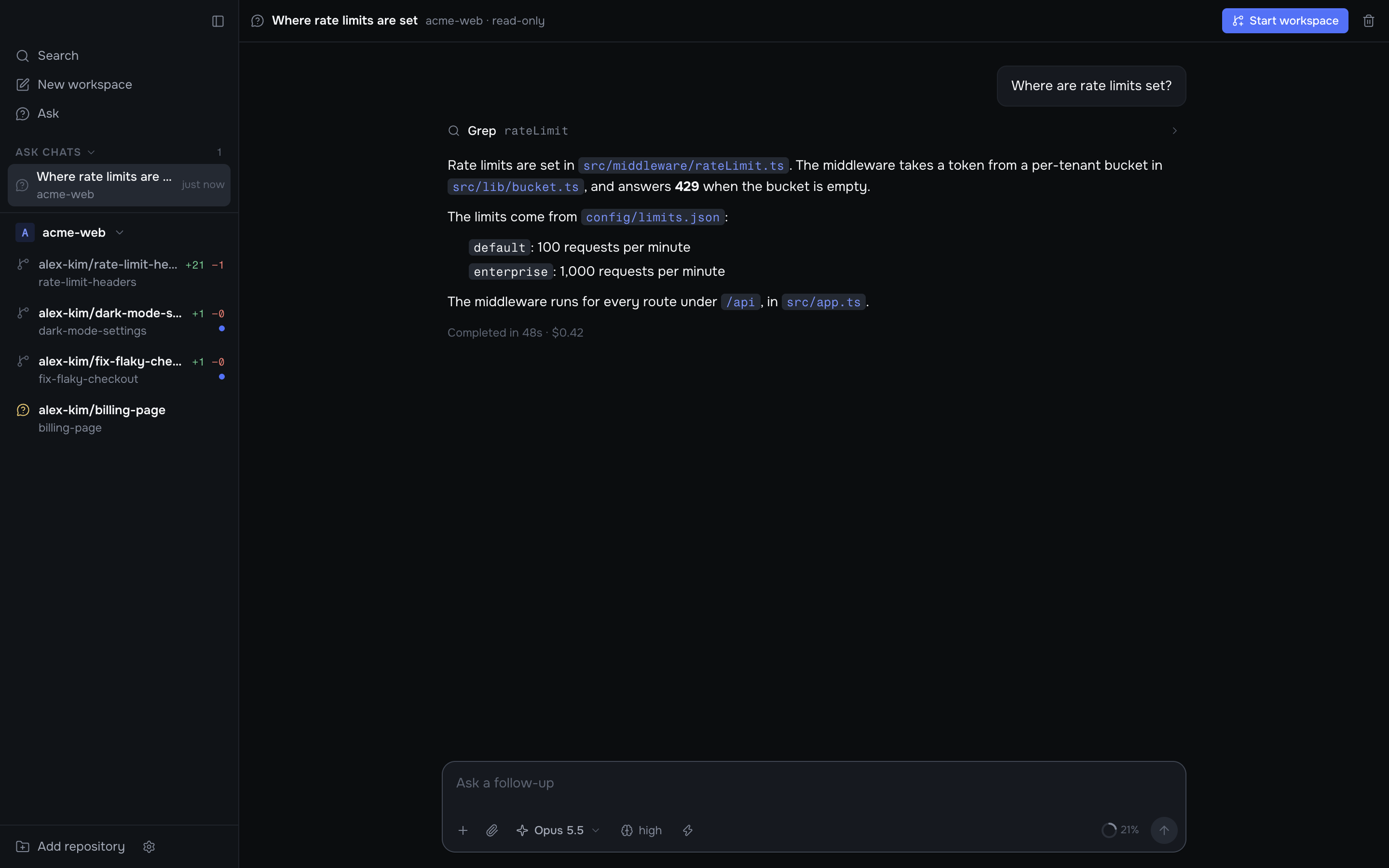 An Ask chat that answers where rate limits are set, with Start workspace in the header.