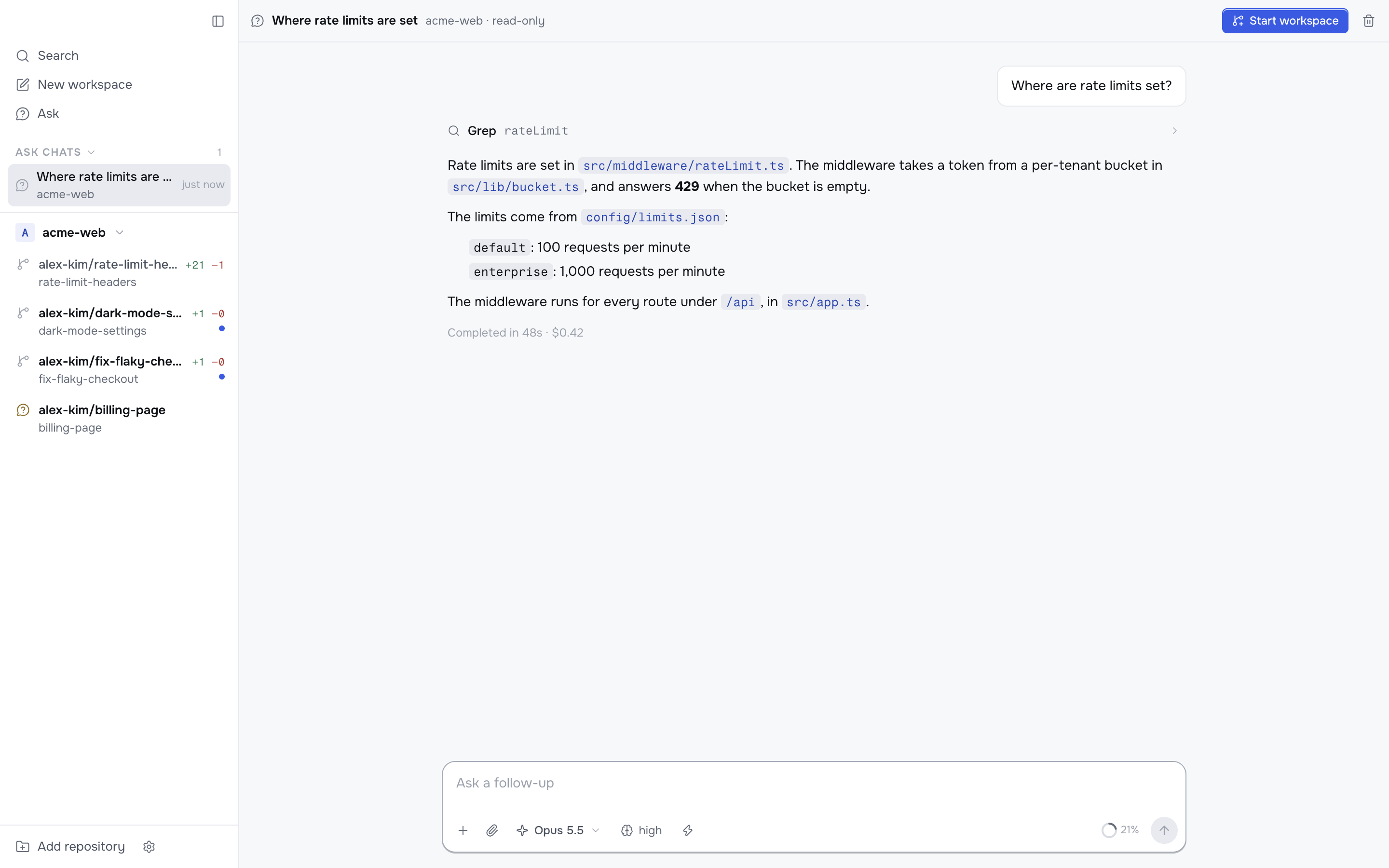 An Ask chat that answers where rate limits are set, with Start workspace in the header.