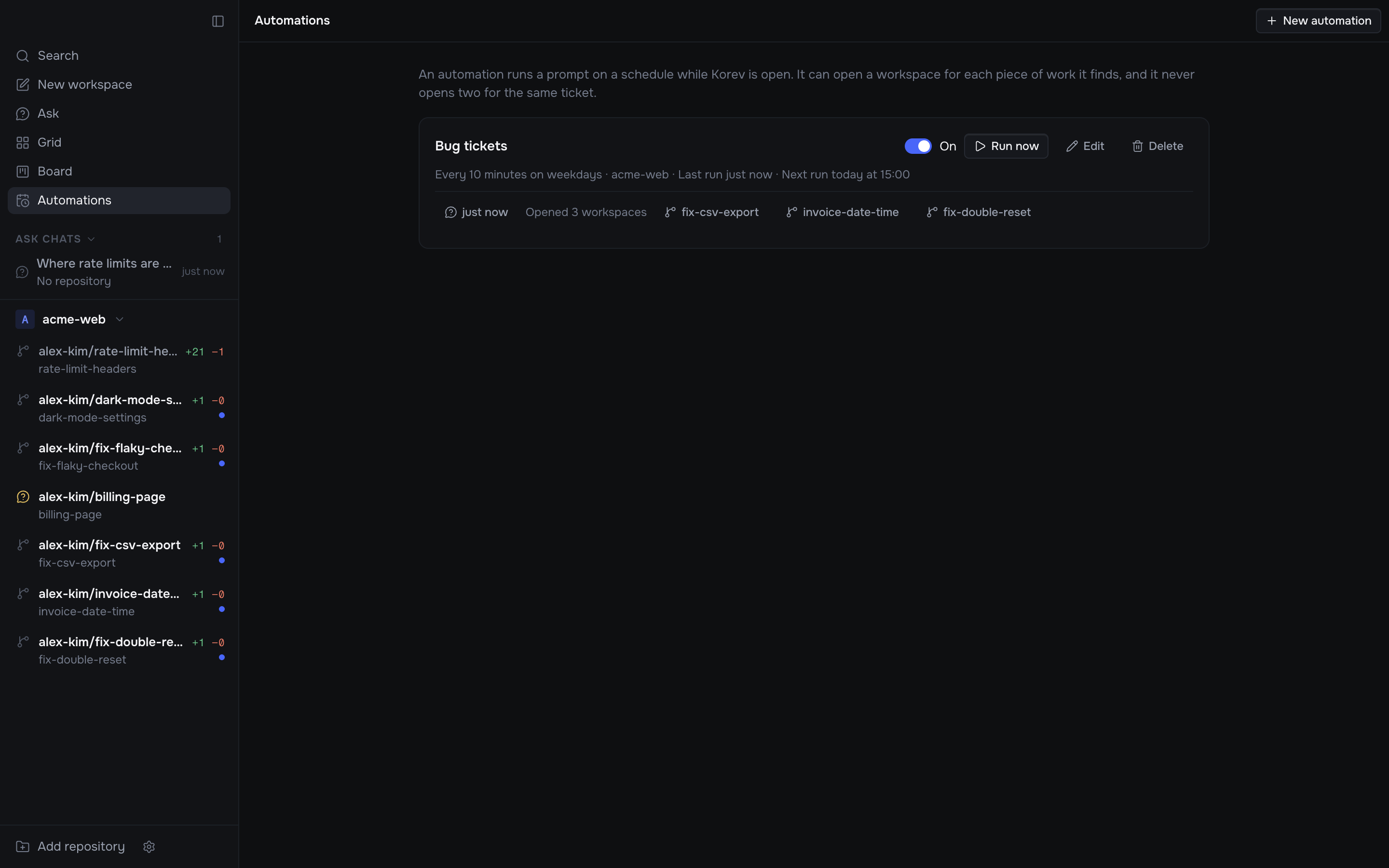 The Automations page: a Bug tickets automation that runs every 10 minutes on weekdays. Its last run opened 3 workspaces, which show in the sidebar.