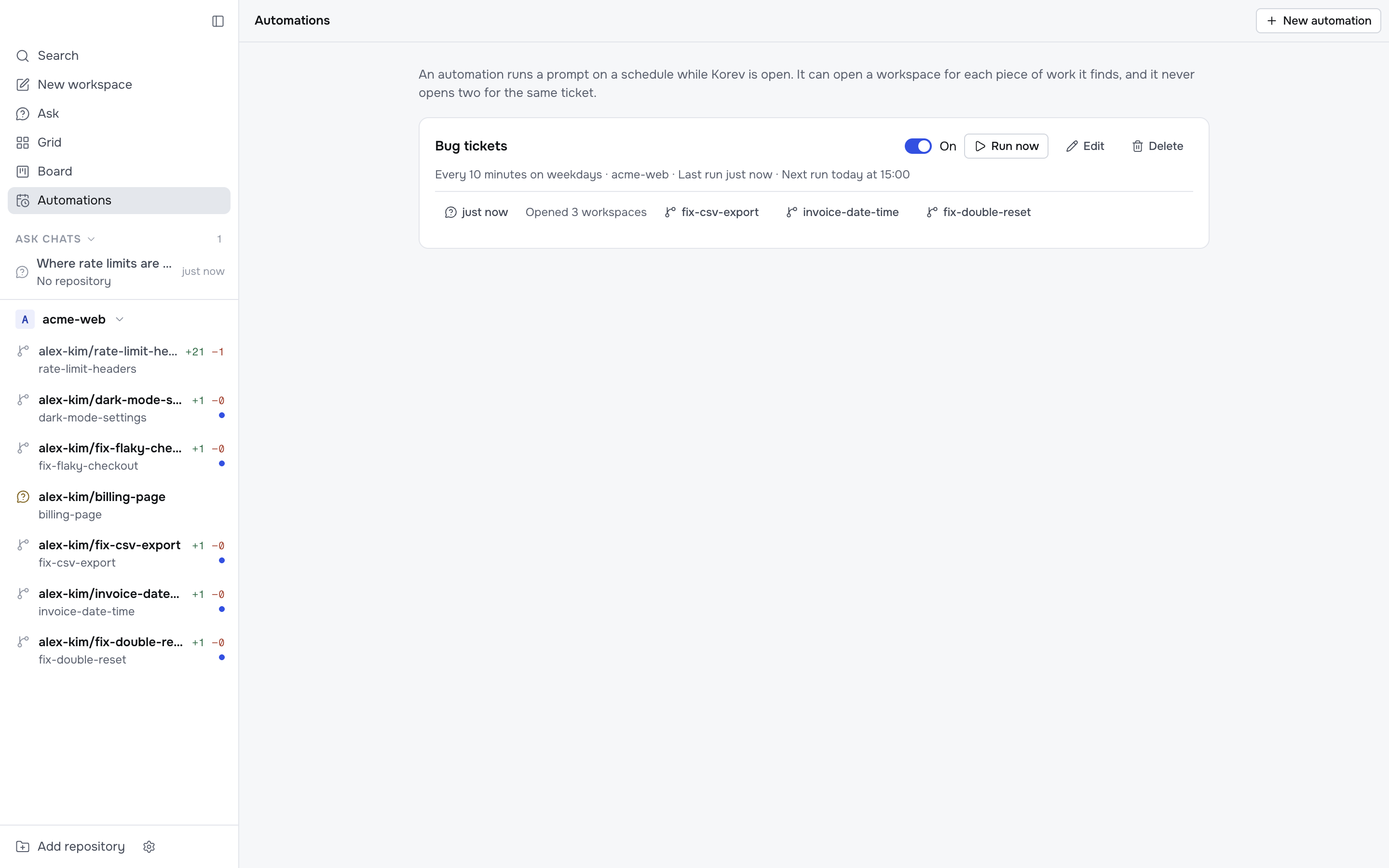 The Automations page: a Bug tickets automation that runs every 10 minutes on weekdays. Its last run opened 3 workspaces, which show in the sidebar.