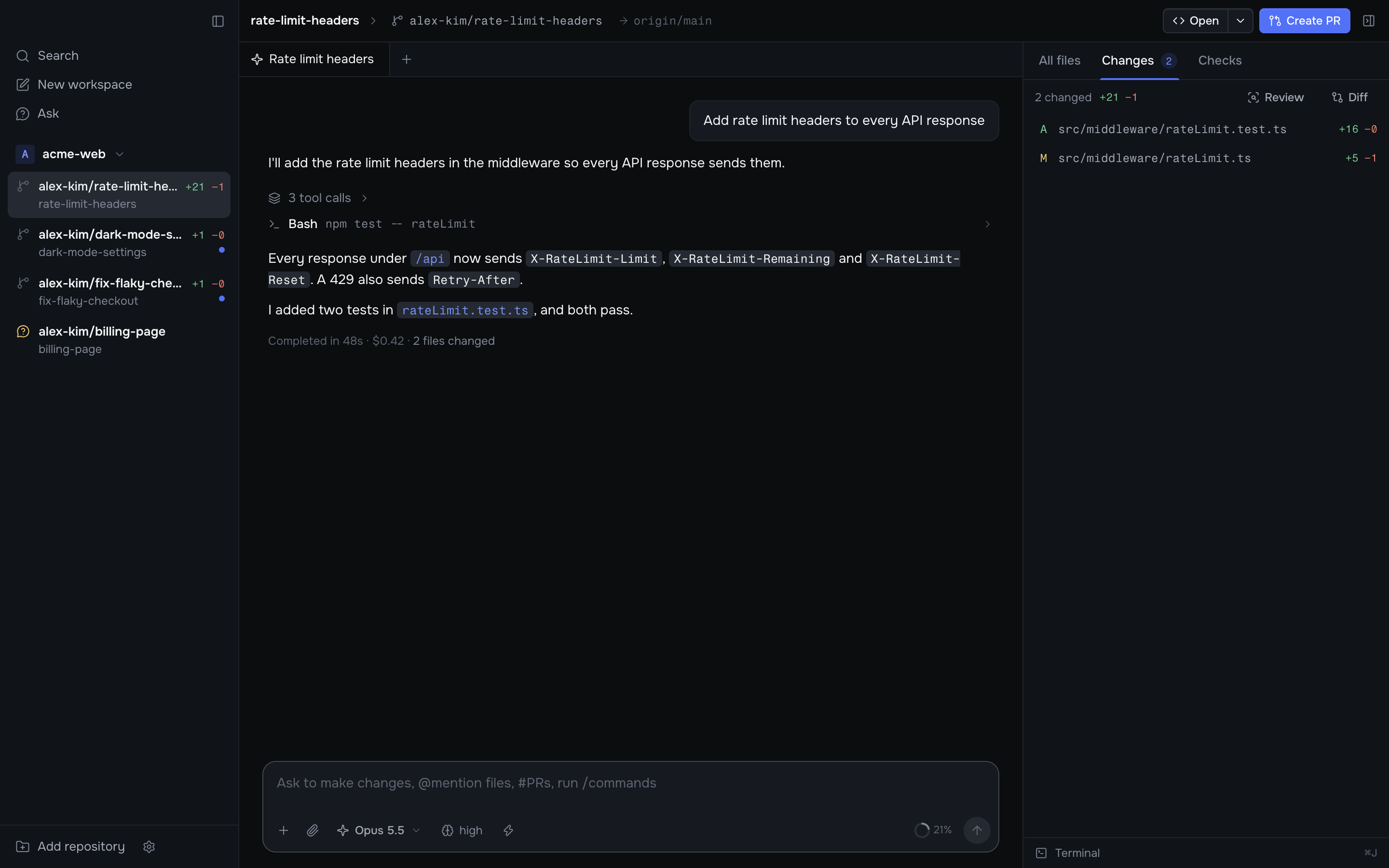 The Korev window: workspaces in the sidebar, a chat in the middle, and the changed files on the right.
