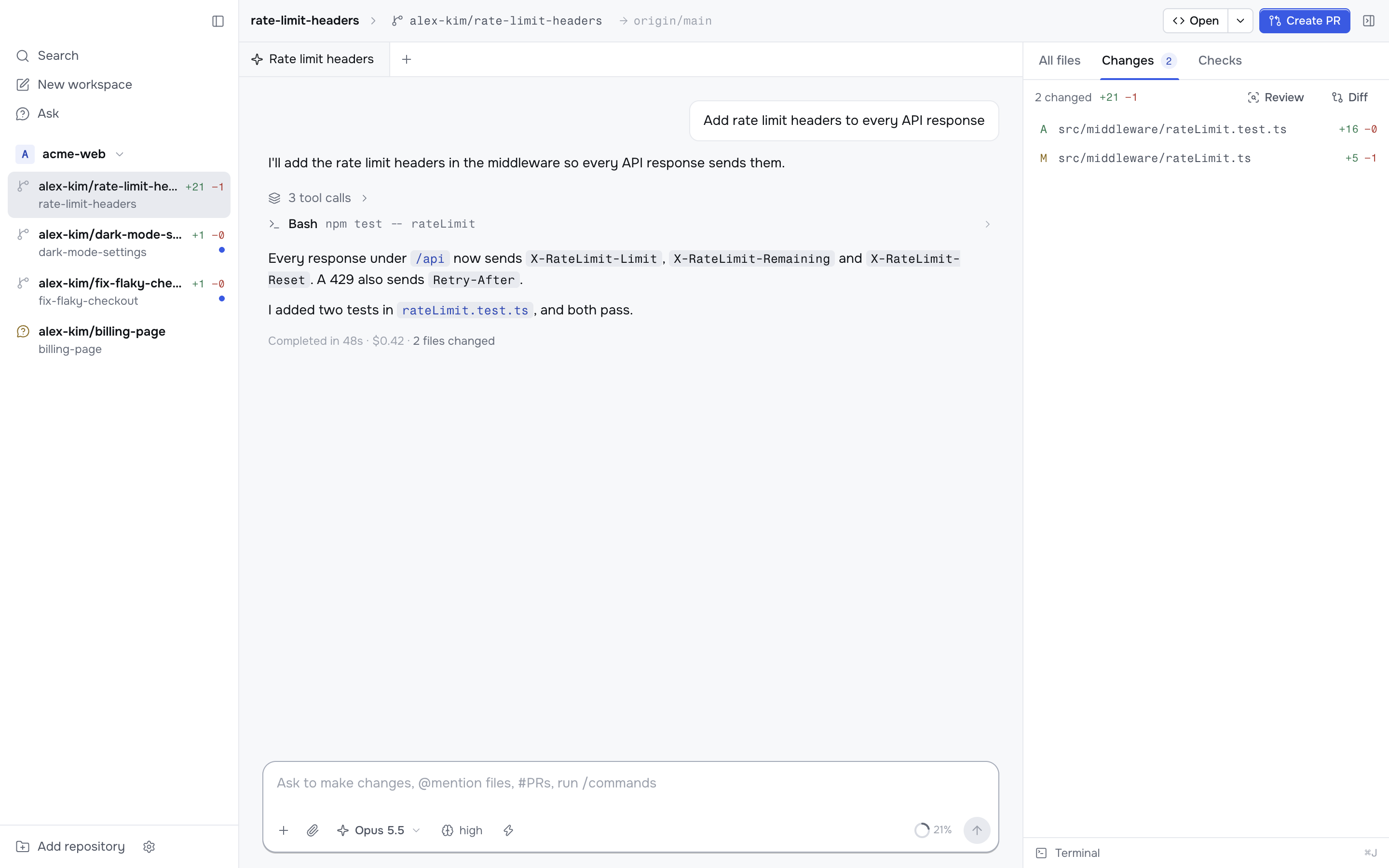 The Korev window: workspaces in the sidebar, a chat in the middle, and the changed files on the right.