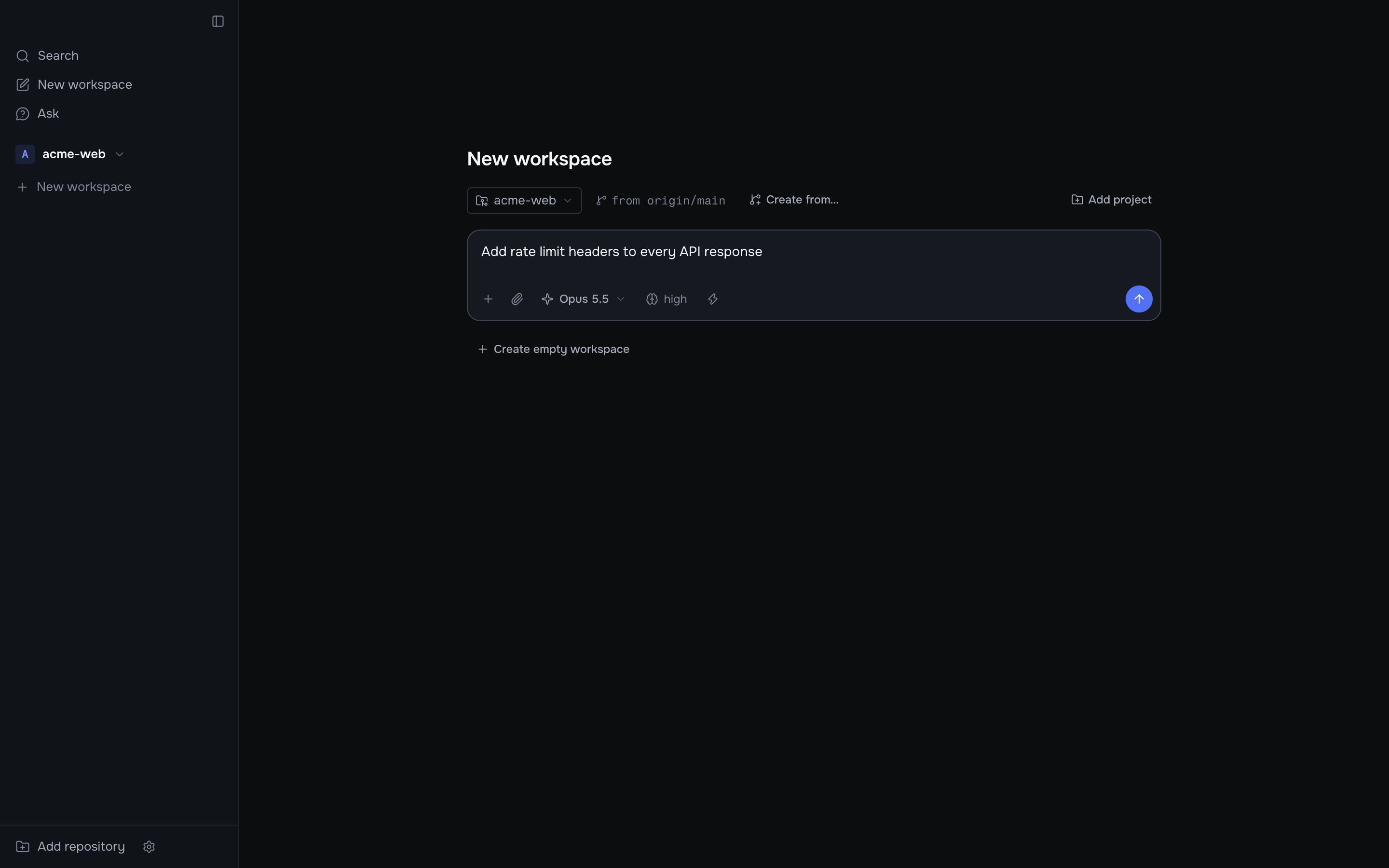 The New workspace page with a task typed in the composer.