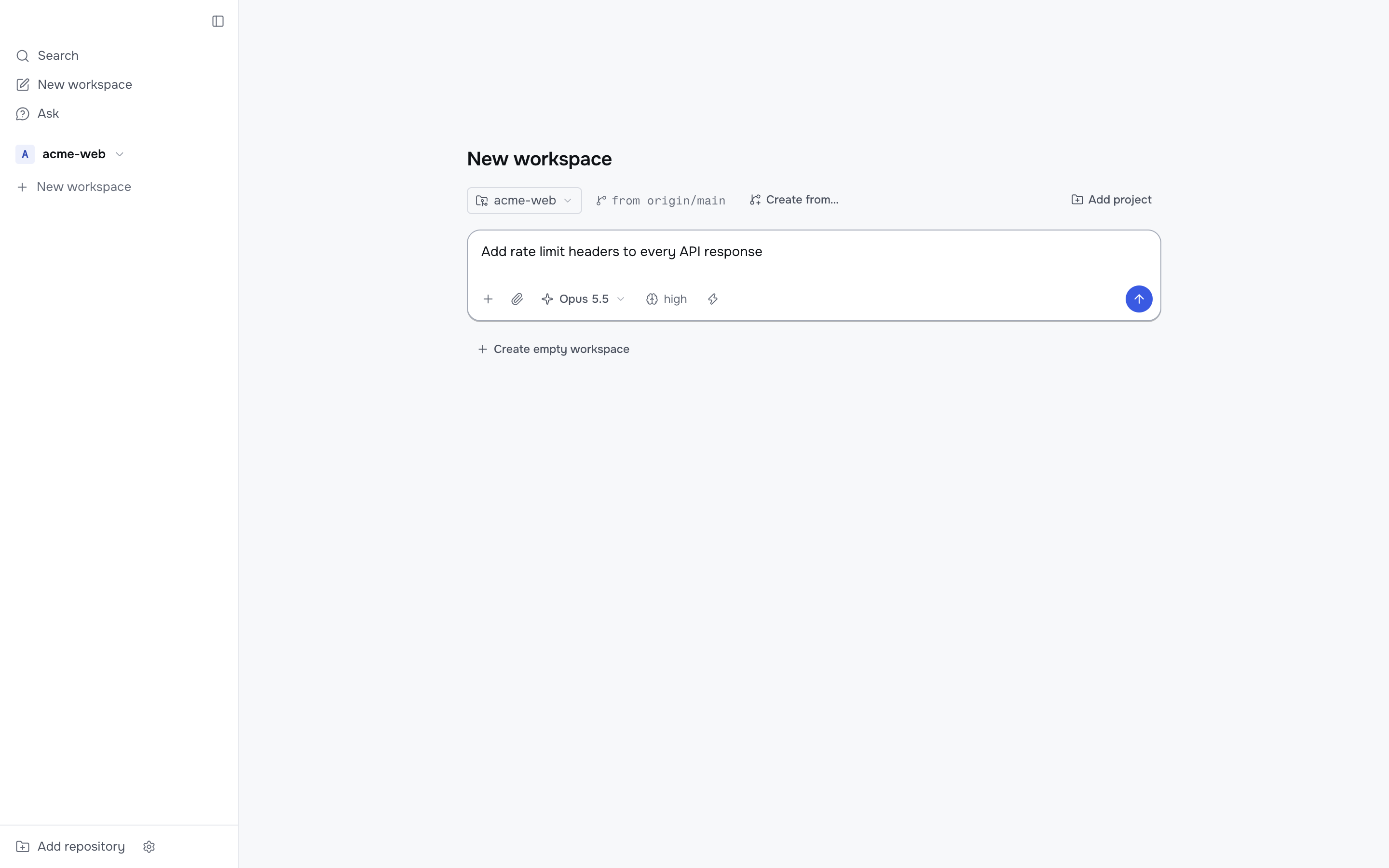 The New workspace page with a task typed in the composer.